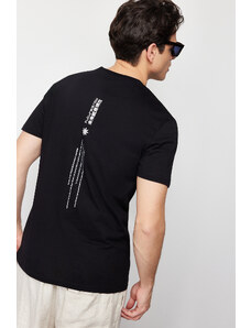Trendyol Collection Čierny obyčajný/pravidelný strih textu Tlačené vyšívané tričko zo 100 % bavlny s krátkym rukávom