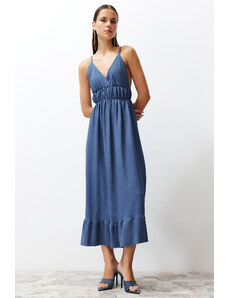 Trendyol Collection Indigová sukňa Volánový remienok s výstrihom do V Maxi Rebrovaný Pružné pletené Maxi šaty
