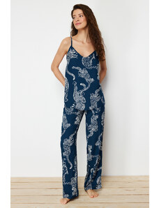 Trendyol Blue Animal Patterned Rope Strap Viscose Woven Pajama Set