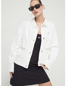 Rifľová bunda Tommy Jeans dámska, béžová farba, prechodná, DW0DW17748