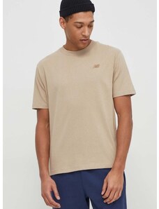 Bavlnené tričko New Balance pánsky, béžová farba, s nášivkou