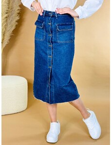 Webmoda Dámska midi modrá rifľová sukňa s gombíkmi a vreckami