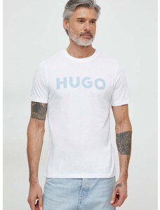 Bavlnené tričko HUGO pánsky, biela farba, s potlačou, 50513309
