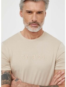Bavlnené tričko Guess PIMA pánsky, béžová farba, s nášivkou, M2BP47 K7HD0
