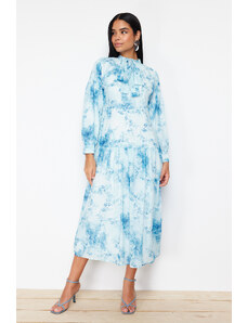 Trendyol Blue Lined Floral Pattern Belted Woven Dress