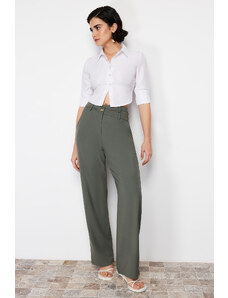 Trendyol Collection Khaki prémiový rovný strih asymetrický pás detailne tkané nohavice