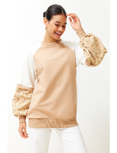 Trendyol Beige Sleeve Lace Detailed Knitted Sweatshirt