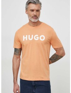 Bavlnené tričko HUGO pánsky,oranžová farba,s potlačou,50467556
