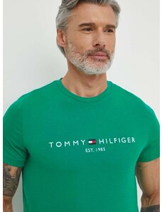 Bavlnené tričko Tommy Hilfiger pánsky,zelená farba,s nášivkou,MW0MW11797