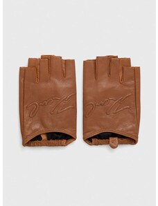 Kožené rukavice bez prstov Karl Lagerfeld dámske, hnedá farba