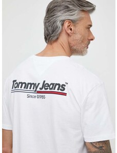 Bavlnené tričko Tommy Jeans pánsky, biela farba, s potlačou, DM0DM18590