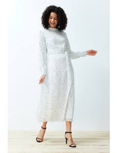 Trendyol Modest Biele bodkované tkané šaty s textúrou