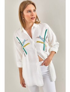 Bianco Lucci Dámska vyšívaná ľanová košeľa Ayrobin s flitrami