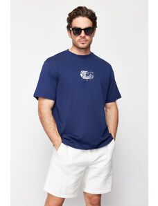Trendyol Navy Blue Relaxed/Comfortable Fit Printed 100% Cotton T-Shirt