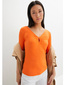 bonprix Vrúbkované tričko, výstrih do V, polovičný rukáv, farba oranžová