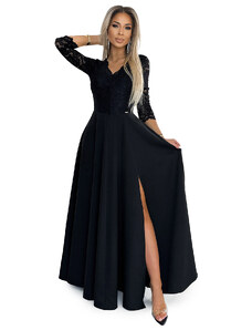 NUMOCO AMBER Elegant Lace Long Dress with Neckline and Slit on Legs - Black