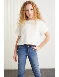 GRIMELANGE Dievčenské biele tričko Verena zo 100 % bavlny s dvojitým rukávom a ozdobným štítkom