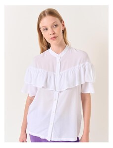 Jimmy Key White Shirt with a Large Collar Short Sleeves and a Frill Detailed Shirt.