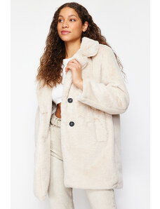 Trendyol Collection Ecru Oversize široký plyšový kabát