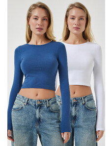 Happiness İstanbul Women's White Indigo Blue Crew Neck Basic 2-Pack Crop Knitted Blouse