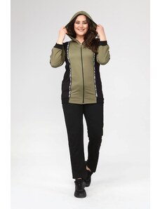 Şans Women's Plus Size Khaki Zipper And Stripe Detailed Hooded Tracksuit Suit