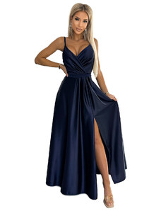 numoco JULIET - Elegantné tmavo modré dlhé dámske saténové šaty s výstrihom 512-2