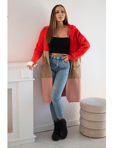 K-Fashion Pruhovaný sveter s kapucňou červený+biely+púdrovo ružový