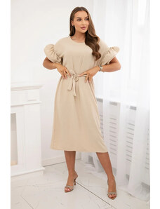 K-Fashion Šaty s viazaním v páse a ozdobnými rukávmi béžovej farby