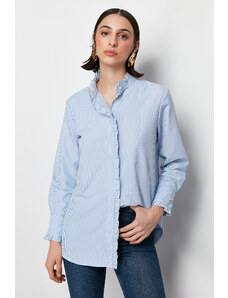 Trendyol Blue Striped Woven Shirt with Ruffle Detail on Placket and Collar