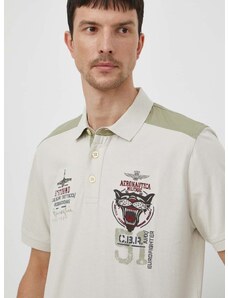 Bavlnené polo tričko Aeronautica Militare béžová farba, s nášivkou