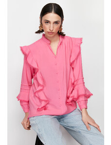 Trendyol Modest Detailne tkaná košeľa s ružovým volánom