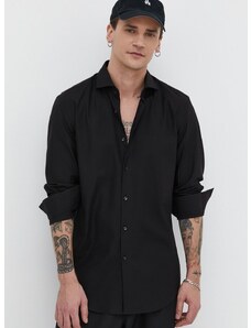 Bavlnená košeľa HUGO pánska, čierna farba, slim, s talianskym golierom, 50513931