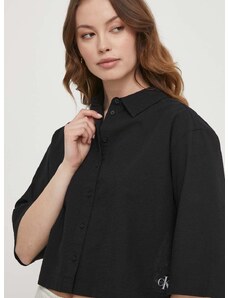 Bavlnená košeľa Calvin Klein Jeans dámska, čierna farba, voľný strih, s klasickým golierom, J20J223426