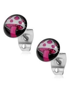 Šperky Eshop - Náušnice z ocele 316L, ružovo-biela muchotrávka na čiernom kruhu X13.04