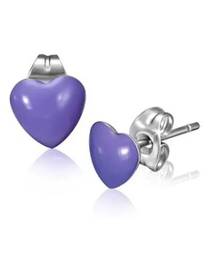 Šperky Eshop - Oceľové náušnice s fialovými srdiečkami a puzetkami X22.15