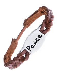 Šperky Eshop - Úzky pletený náramok z kože - karamelový, známka "PEACE" Z13.2