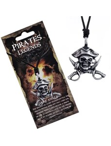 Šperky Eshop - Čierny náhrdelník - kovová lebka piráta s klobúkom a mečmi AA22.30