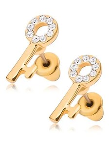 Šperky Eshop - Puzetové náušnice, kľúč zlatej farby s čírymi kamienkami S18.16