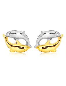 Šperky Eshop - Ródiované dvojfarebné náušnice v 9K zlate - dva skáčuce delfíny S2GG34.04