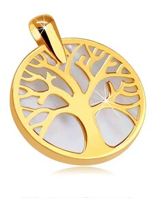 Šperky Eshop - Prívesok v žltom 9K zlate - strom života v obryse kruhu, perleťový podklad GG70.05