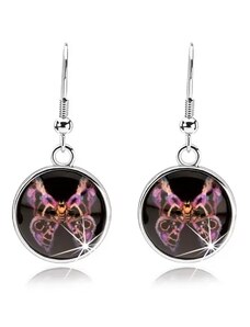 Šperky Eshop - Náušnice s glazúrou, motýľ s fialovo-čiernymi vzorovanými krídlami, kabošon SP69.24