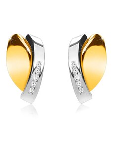 Šperky Eshop - Puzetové náušnice z 9K zlata - dvojfarebné prelínajúce sa oblúčiky, zirkóny S1GG79.15