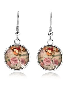 Šperky Eshop - Cabochon náušnice, sklo, ružové a biele kvety, hnedo-biely motýľ, nápis SP69.30