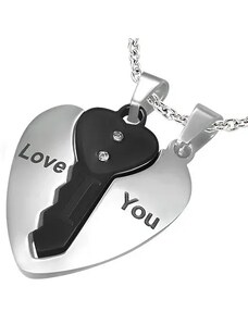 Šperky Eshop - Oceľové prívesky pre pár, srdce striebornej farby a čierny kľúčik U22.17