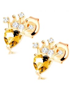 Šperky Eshop - Zlaté náušnice 375 - zirkónová korunka, svetložltý srdiečkový citrín S2GG63.09