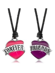 Šperky Eshop - Dva šnúrkové náhrdelníky, ružové a fialové srdiečko, nápis FOREVER FRIENDS AB42.08