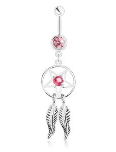 Šperky Eshop - Piercing do pupku z ocele 316L, okrúhly lapač snov s ružovým zirkónom, pierka SP33.26