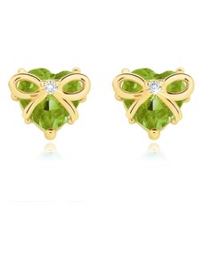 Šperky Eshop - Náušnice v žltom 14K zlate - srdce zo zeleného olivínu zdobené tenkou mašličkou S3GG89.33