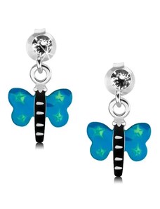 Šperky Eshop - Náušnice zo striebra 925, motýľ s modrými krídlami a zelenými hviezdičkami PC23.30