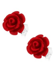 Šperky Eshop - Náušnice s červenou rozkvitnutou ružou, striebro 925, puzetové zapínanie PC10.40